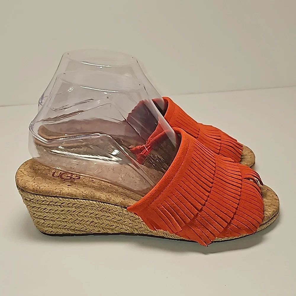 UGG Kendra Wedge Sandals Slides Espadrilles Suede Leather Fringe Cork Orange 7